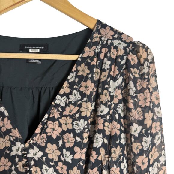 Club Monaco Silk Black Floral Print V-Neck Blouson Long Sleeve Mini Dress Sz 12 - Picture 10 of 16